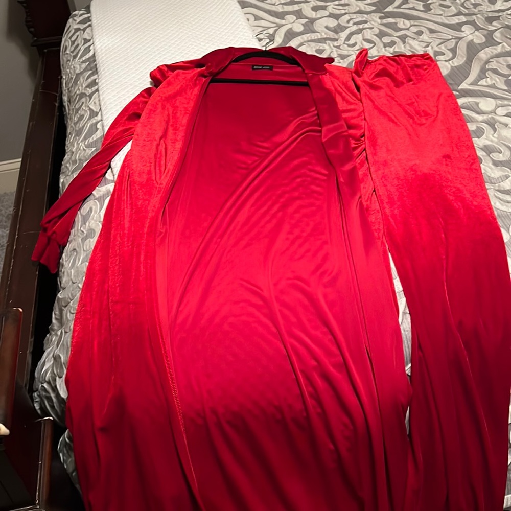 Red strapless velour jumpsuit and duster